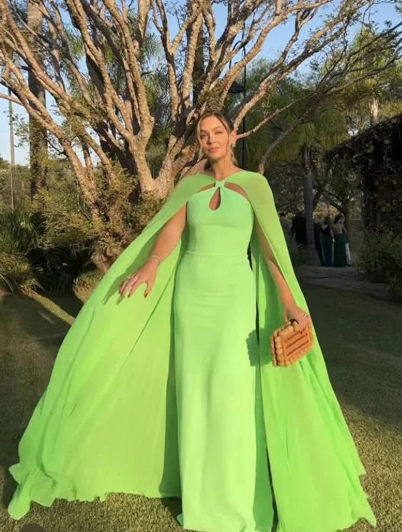 Bright Green A-Line Cape Sleeve Long Prom Dress Party Dress Elegant Evening Dress