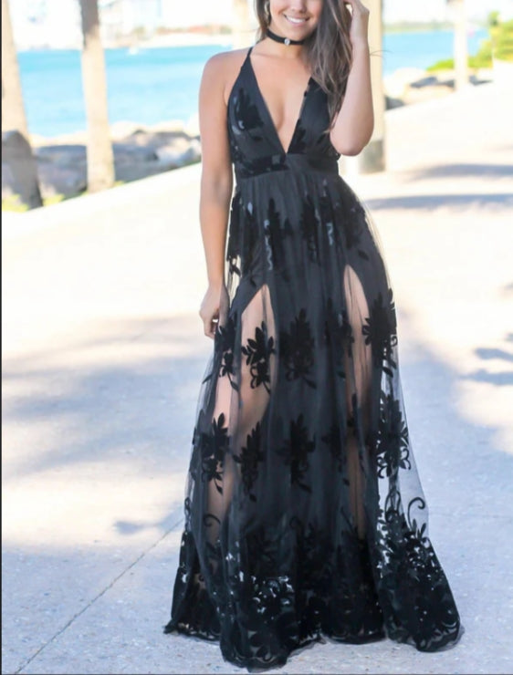 Spaghetti Straps Lace A-line Prom Dresses With Slit V-neck Sexy Evening Dress Formal Dress Wholesale