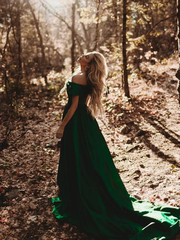 Beautiful Satin A-line Long Prom Dresses Off-the-shoulder Sexy Gowns With Slit Evening Dresses Wholesale