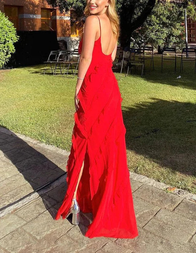 Red Spaghetti Straps Ruffle Mermaid Long Party Dress Wedding Guest Dress Evening Dress Formal Dress