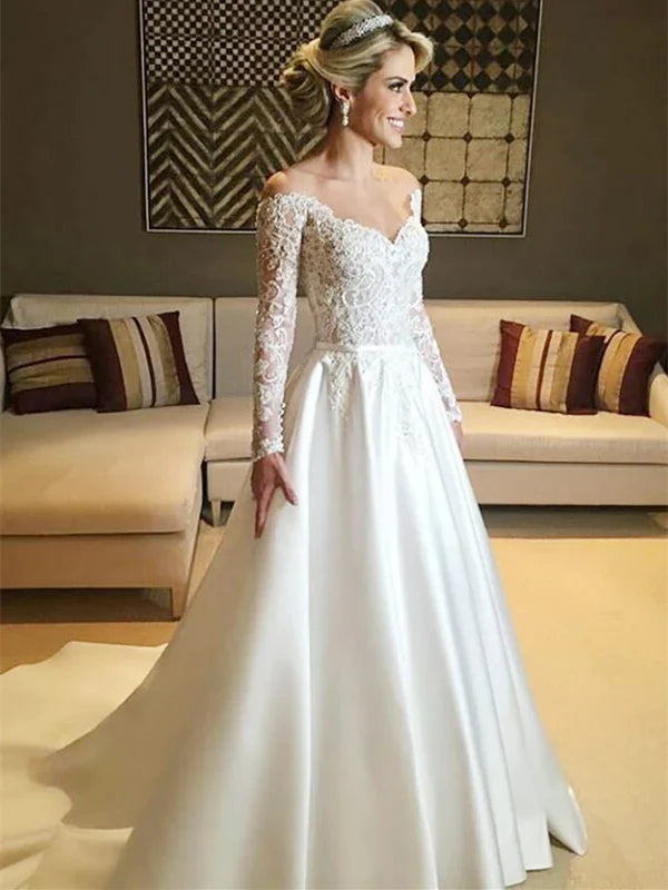 Fantastic Off-the-shoulder A-line Wedding Dresses Satin Appliqued Gowns Elegant