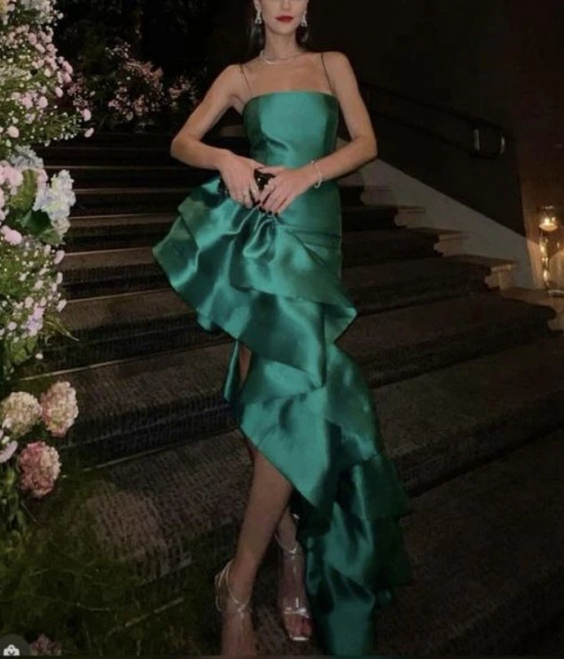 Green Spaghetti Straps Asymmetrical Prom Dress with Ruffles Elegant Evening Dress Wholesale