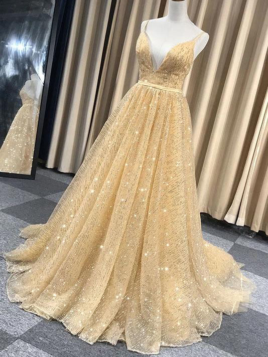 Sparkly Spaghetti Straps Sweep Train Lace A-line Long Prom Dresses V-neck Sexy Evening Dress Wholesale