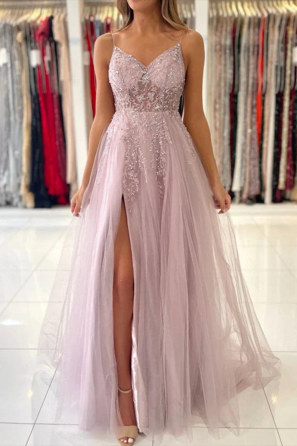 Beadings Spaghetti Strap Tulle A Line Evening Dress Prom Dress With Slit december wedding guest dress