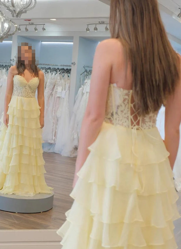 Aimishang Hot Pink A-Line Sweetheart Chiffon Tiered Long Prom Dresses with Appliques Charming Wholesale