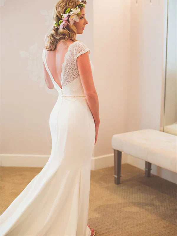 Wonderful V-neck Mermaid Wedding Dresses Satin Bridal Gowns Floor Length Elegant