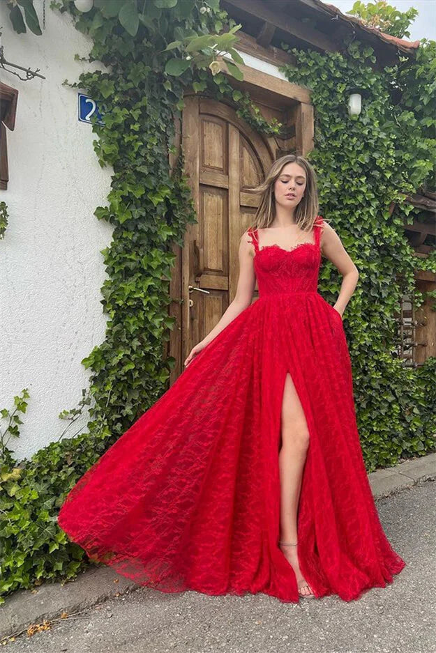 Red Front Split Evening Dress With Sleeveless Appliques Floor Length Beautiful Prom Dress Wholesale