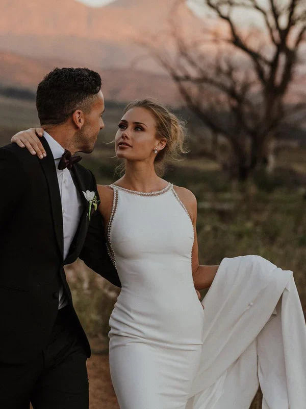 Elegant Mermaid Back-V Sleeveless Chapel Train Satin Appliqued Wedding Dresses Charming