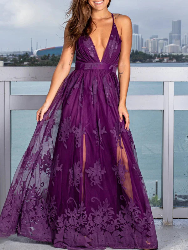 Spaghetti Straps Lace A-line Prom Dresses With Slit V-neck Sexy Evening Dress Formal Dress Wholesale