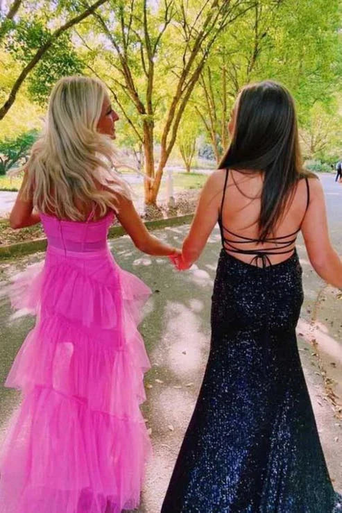 Aimishang Hot Pink Spaghetti Straps Tulle Tired Prom Dress Formal Graduation Party Dresses