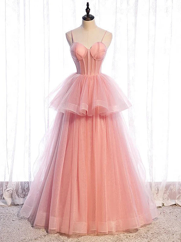 Elegant Spaghetti Straps A-line Prom Dresses Tiered Tulle Simple Evening Dress Wholesale