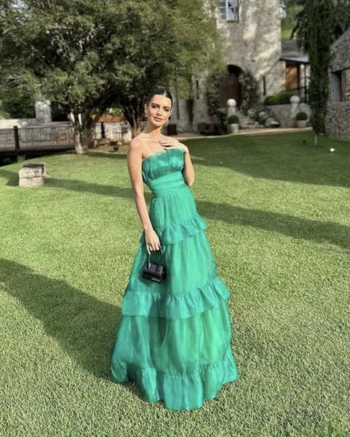Aimishang Green A-Line Off Shoulder Strapless Tiered Long Prom Dress Party Dress