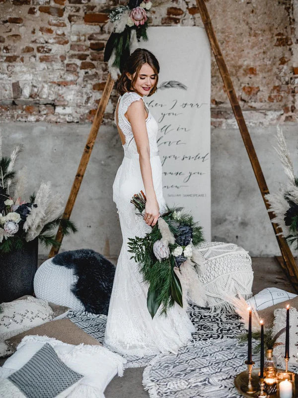 Fabulous Mermaid Lace Backless Sweep Train Wedding Dresses With Cap Sleeves Gown Elegant