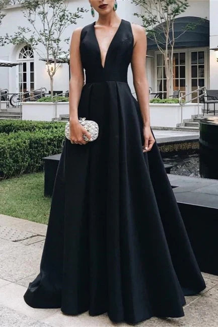 Elagant Black A-Line Deep V Neck Formal Long Party Dress Sleeveless Evening Dress Wholesale