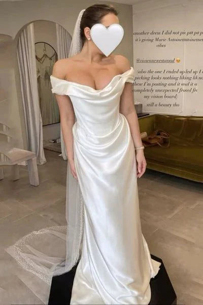 Aimishang Off Shoulder Satin Simple Light Wedding Dress Floor Length Charming Party Dress
