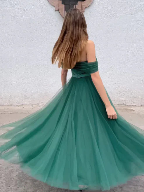 Green Off The Shoulder Tulle A-Line Prom Dress Homecoming Dress Charming Evening Dress Wholesale