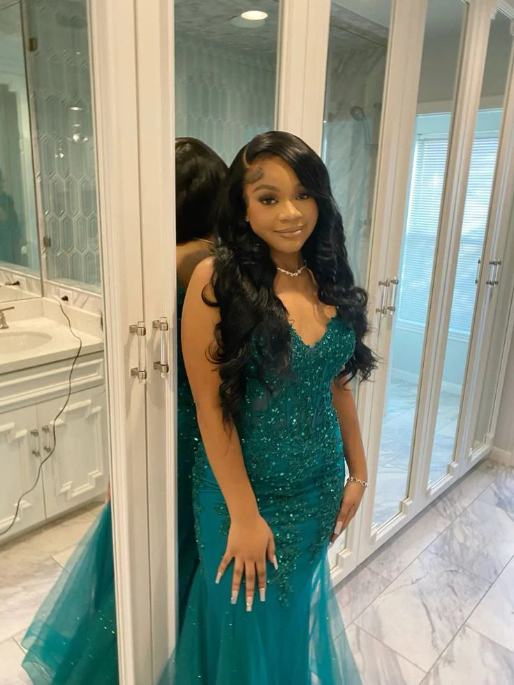 Wholesale Dark Green Mermaid Tulle Lace Prom Dress Winter Formal Gown Charming Evening Dress