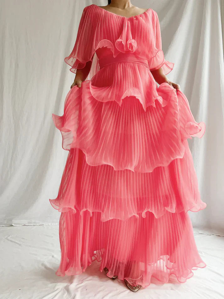 Watermelon Red Chiffon A-Line Tiered Elegant Long Party Dress Charming Wholesale