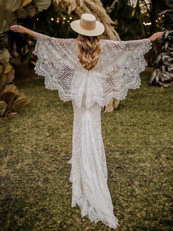 Wonderful Deep V-neck Lace Bat Sleeve Wedding Dresses With Sweep Train Sexy Charming