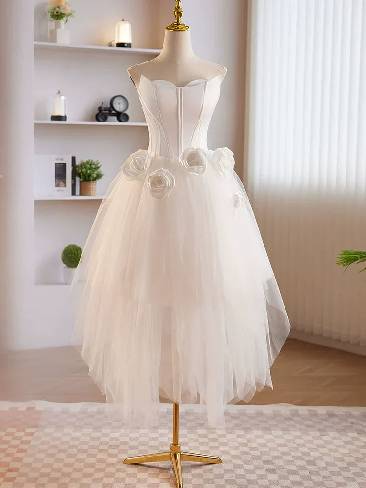 Wholesale Strapless 3D Flower White Tulle Satin Short Prom Dress Homecoming Dress