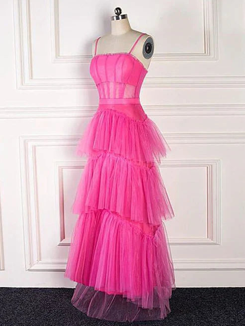 Aimishang Hot Pink Spaghetti Straps Tulle Tired Prom Dress Formal Graduation Party Dresses