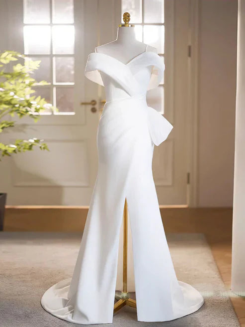 Wholesale Simple White Off the Shoulder Satin Long Prom Dress Formal Dress with Slit Elegant Wedding Dress