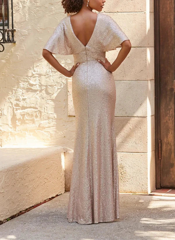 V Neck Short Sleeves Sequined Bridesmaid Dresses With Split Front Charming Evening Party Dress