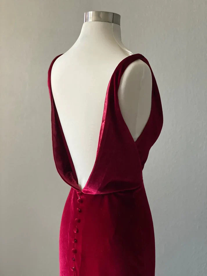 Burgundy Backless Velvet Long Prom Dress Formal Party Dress Elegant Evening Dress Wholesale