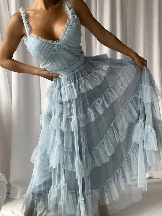 Aimishang Blue A-Line Tulle Tiered Cute Prom Dress Party Gown Charming Evening Dress Wholesale
