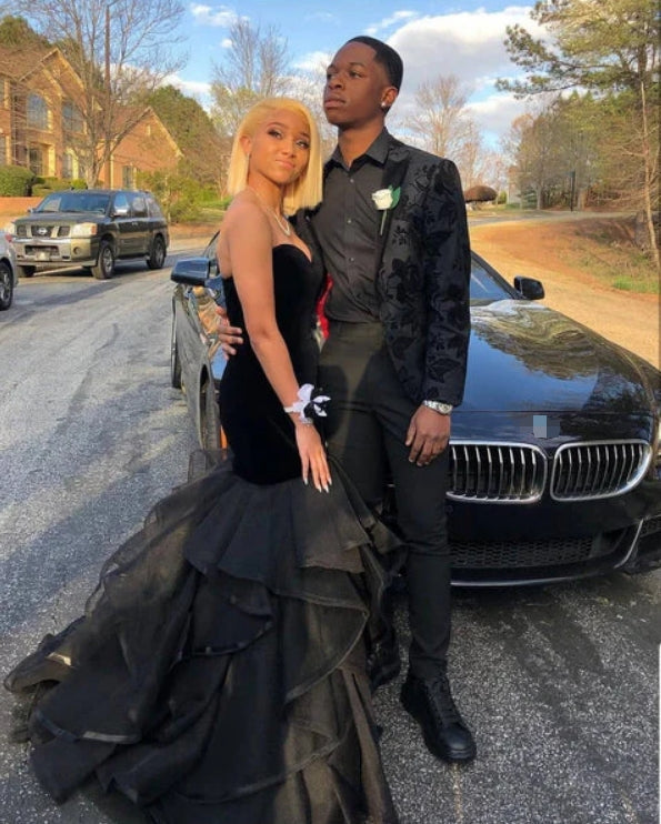 Wholesale Black Sweetheart Tulle Organza Layers Mermaid Evening Prom Dress Off Shoulder