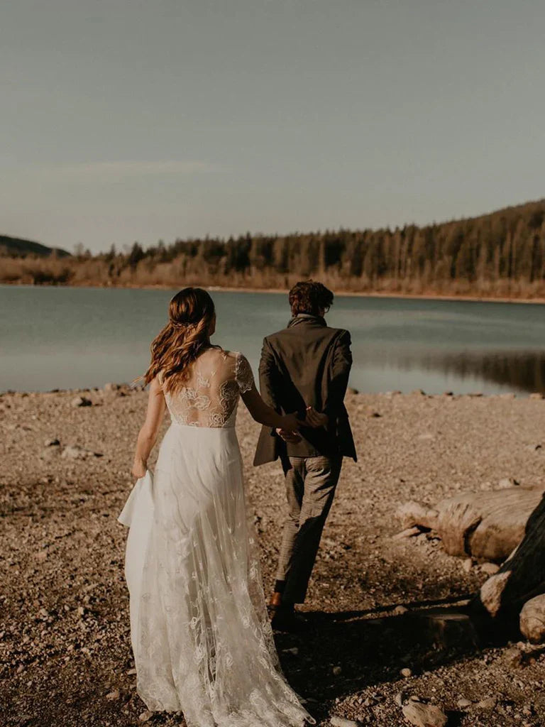 Fabulous Tulle Appliqued Mermaid V-Neck Cap Sleeves Sweep Train Wedding Dresses Beautiful