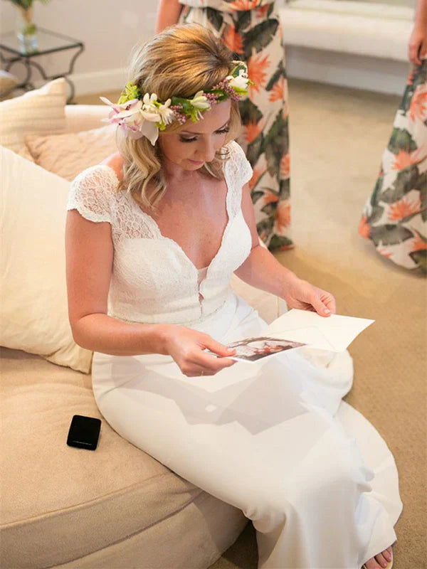 Wonderful V-neck Mermaid Wedding Dresses Satin Bridal Gowns Floor Length Elegant