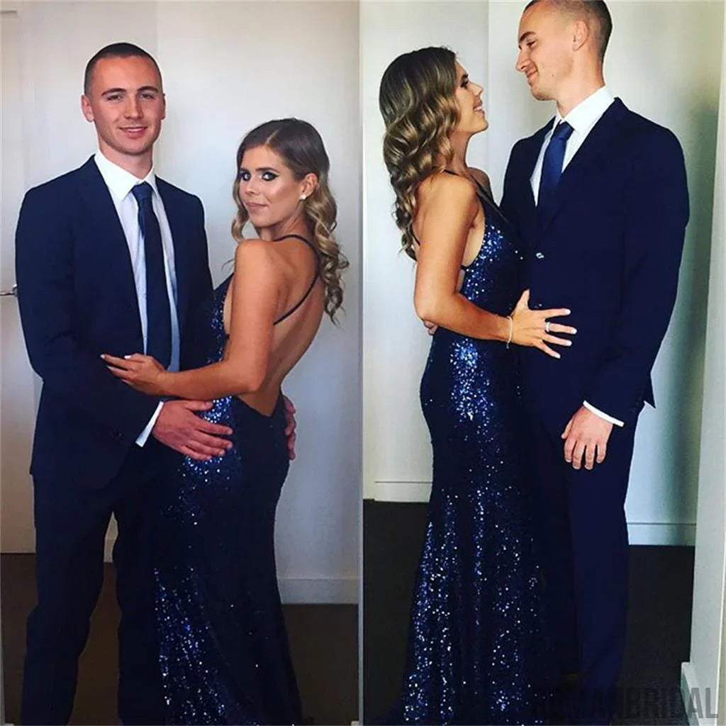 Navy Blue V Neck Mermaid Sequins Sexy Long Evening Dress Sparkly Party Dress Wholesale