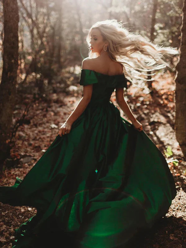 Beautiful Satin A-line Long Prom Dresses Off-the-shoulder Sexy Gowns With Slit Evening Dresses Wholesale