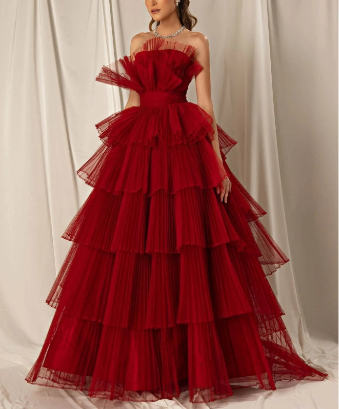 Burgundy Strapless Mermaid Sleeveless Layers Evening Dress Off Shoulder Prom Dress Wholesale