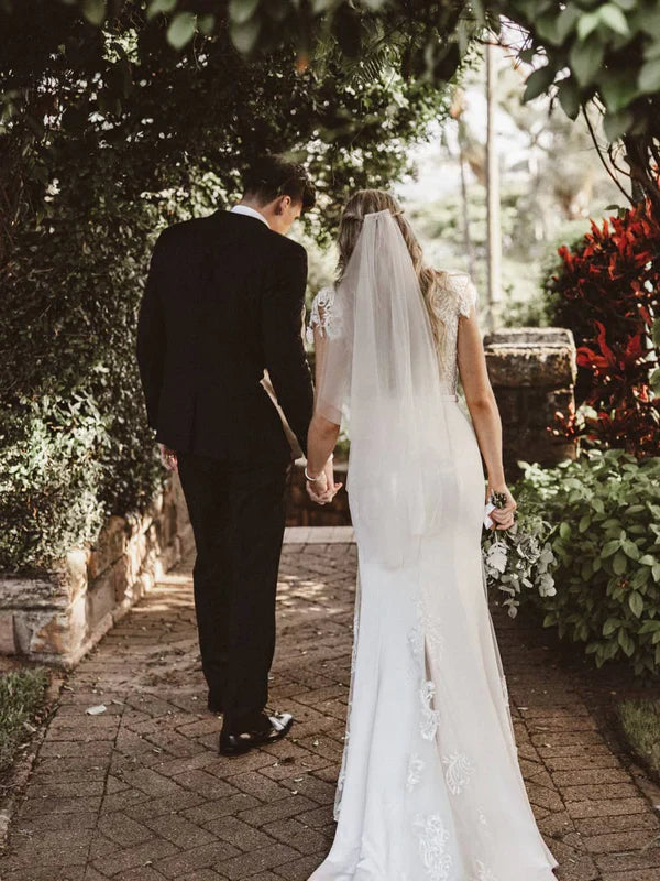 Exquisite Sheath Satin Wedding dresses Lace With Sequins Beads Bridal Gowns Elegant