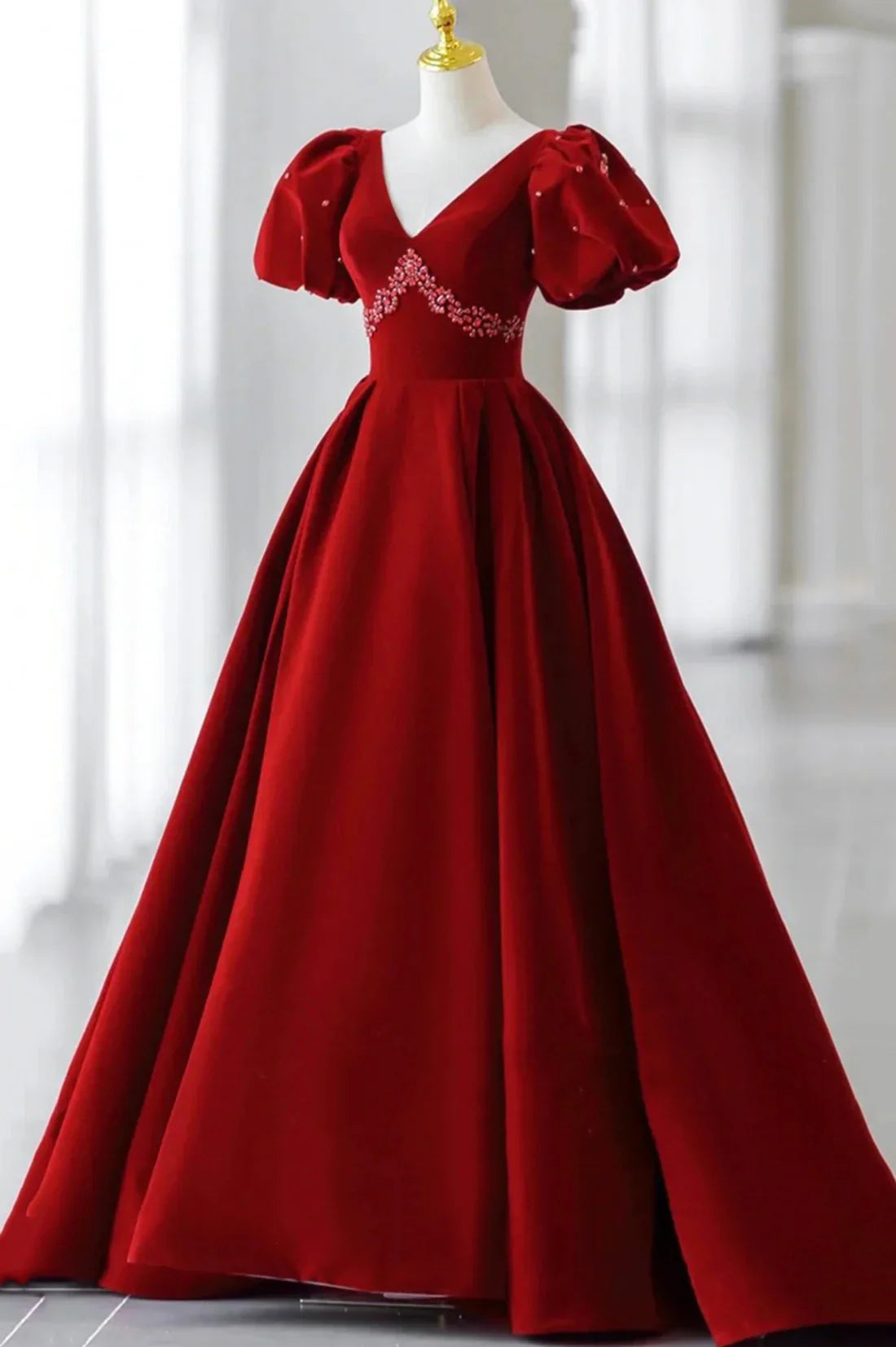 Wholesale Burgundy A Line Puff Sleeves Velvet Long Prom Dress Evening Dress Elegant