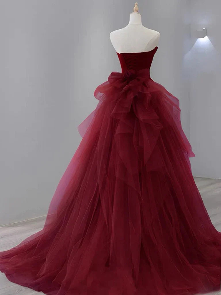 Burgundy Strapless Mermaid Tulle Formal Prom Dress Off Shoulder Floor Length Charming Evening Dress Wholesale