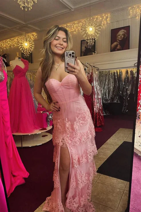 Aimishang Pink Spaghetti Straps Tiered Long Prom Dress with Slit Charming Evening Dress Wholesale
