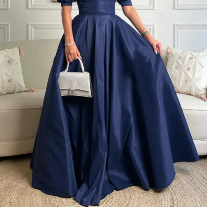 Elegant Navy Blue Off Shoulder A-Line Long Prom Dress Short Sleeves Charming Evening Dress Wholesale