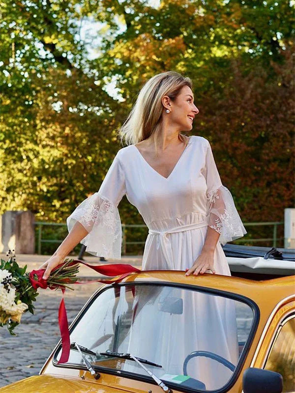 Charming Tulle Wedding Dresses A-line Short Sleeves Satin Bridal Dresses Elegant