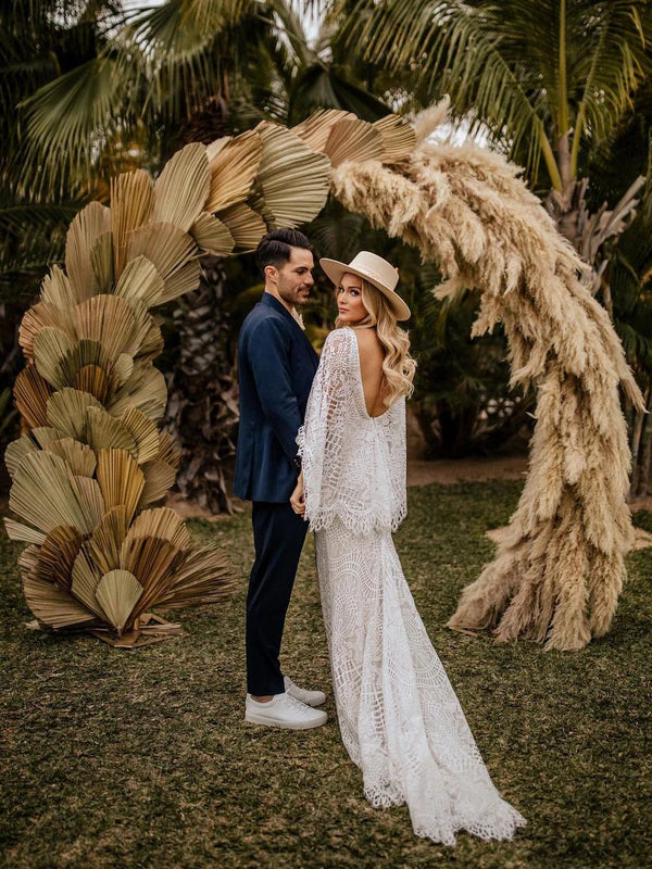 Wonderful Deep V-neck Lace Bat Sleeve Wedding Dresses With Sweep Train Sexy Charming