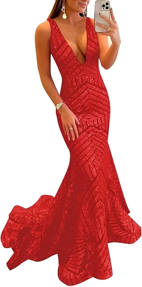 Aimishang Dress Wholesale Sequin Mermaid Prom Dresses Long Sparkly Evening Gown Deep V Neck Backless Formal Party Gowns