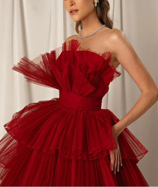 Burgundy Strapless Mermaid Sleeveless Layers Evening Dress Off Shoulder Prom Dress Wholesale