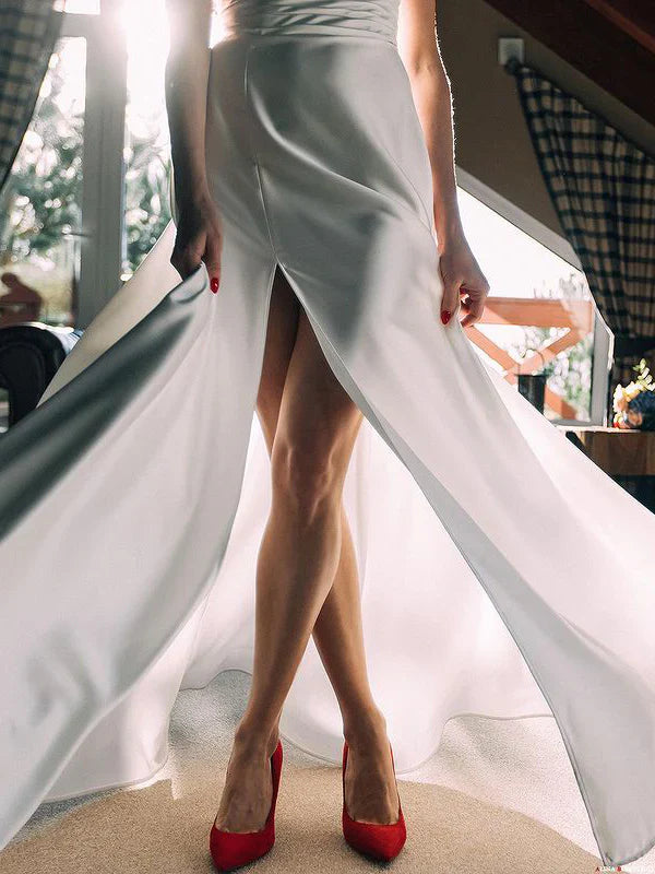 Delicate Satin Off-the-shoulder A-line Floor-Length Bridal Gowns Simple Elegant Wedding Dress Wholesale