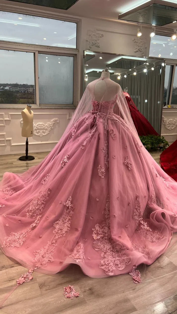 Aimishang Pink Sweetheart Tulle Appliques Ball Gowns Quinceanera Dress with Cape Prom Dress Beautiful Wholesale