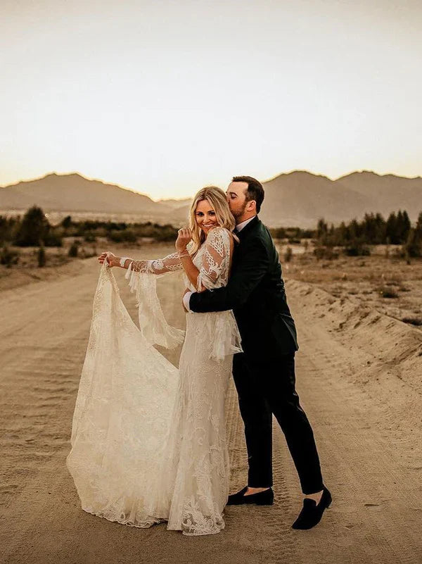 Chic Tassels Long Sleeves Illusion Backless Lace Wedding Dresses Floor Length Beautiful