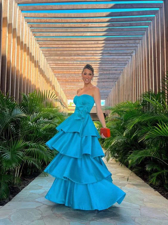 Blue Satin Strapless Tiered Long Prom Dress Off Shoulder Charming Evening Party Dress Wholesale