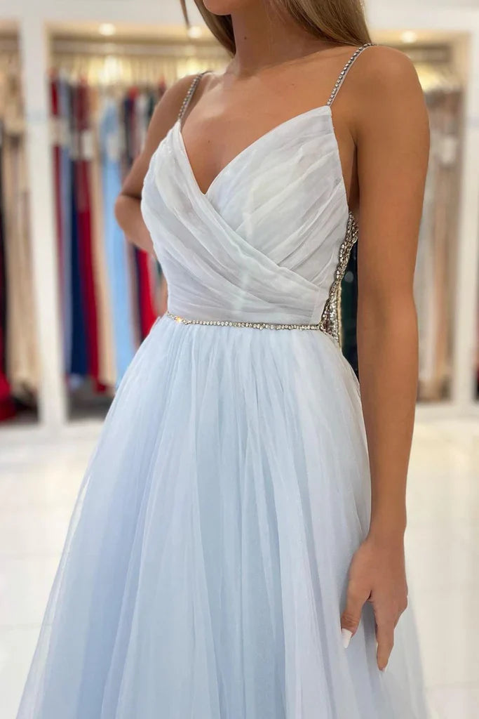 Pleated V Neck Light Blue Tulle Party Dress Rhinestones A Line Prom Dress Evening Dress Wholesale
