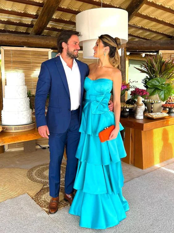 Blue Satin Strapless Tiered Long Prom Dress Off Shoulder Charming Evening Party Dress Wholesale